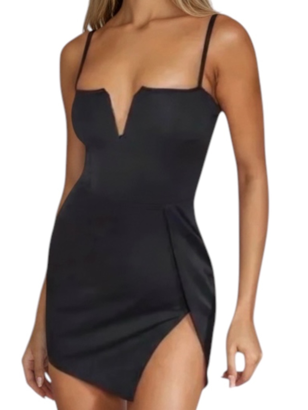 PrettyLittleThing Black Plunge Thigh Split Bodycon Mini Dress Size 6 NWT
